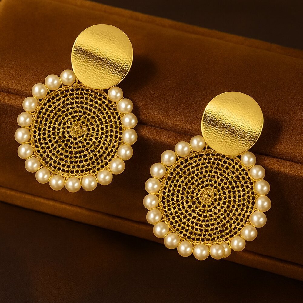 Boho Chic Pearl Circle Earrings 18K Gold Plated S925 Silver Needle - Picture 5 of 10